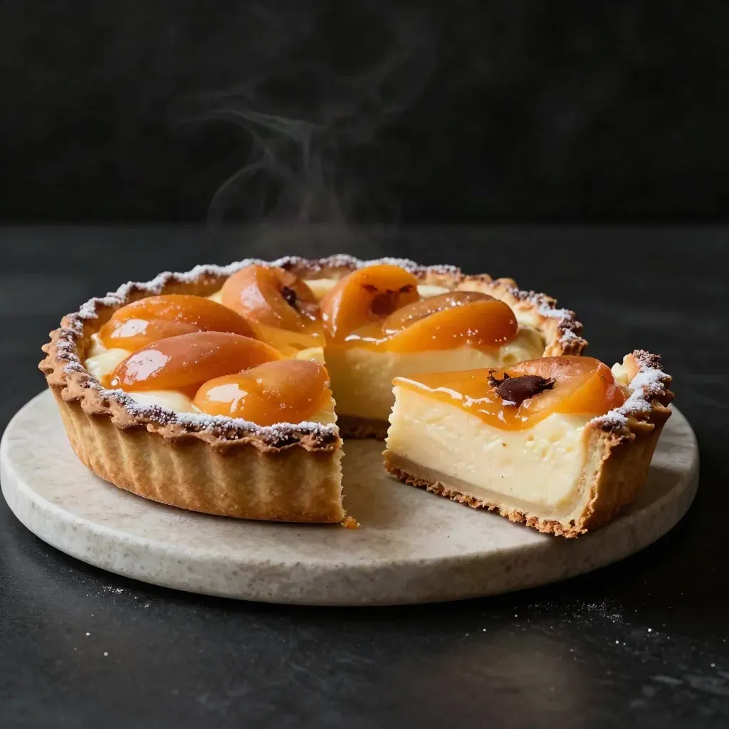 Crostata albicocca e vaniglia su plinto di pietra, con fetta separata e polvere di cacao.