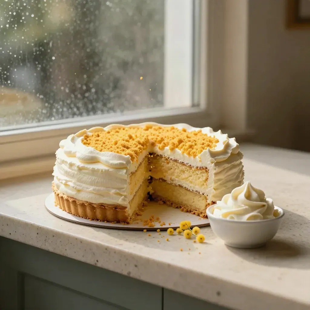 Torta mimosa alla crema con fetta aperta, briciole, mimose e ciotola di crema su pietra chiara.