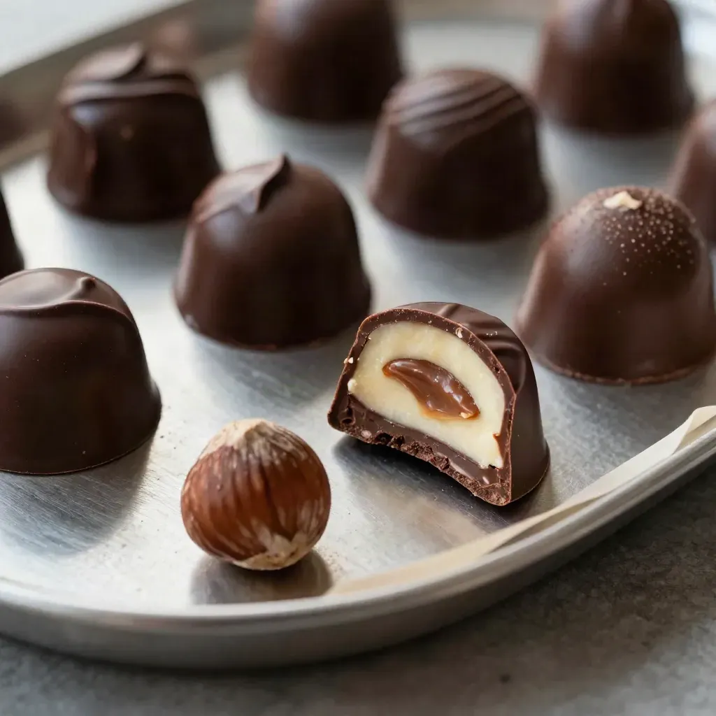 Praline miste al cioccolato in macro, una pralina aperta su vassoio color pewter.