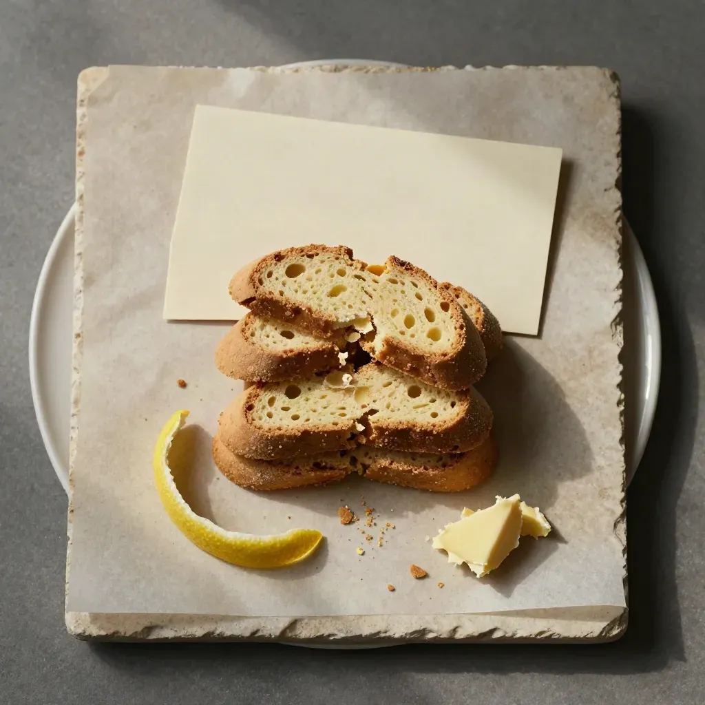 Forse di biscotti al burro e limone, con briciole e scorza di limone su carta pergamena.
