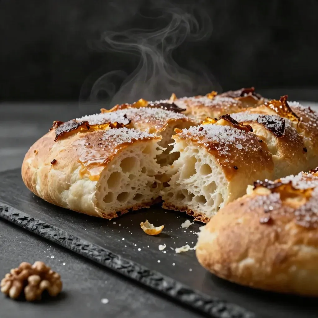 Focaccia dolce delle feste aperta su carta, con briciole soffici e canditi dorati.