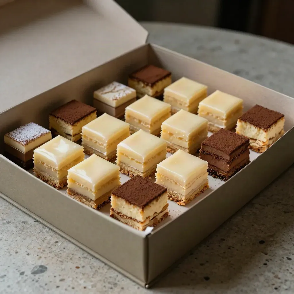Box pasticceria aperta con vassoio di mignon ordinati e alcuni pezzi spostati, su travertino.