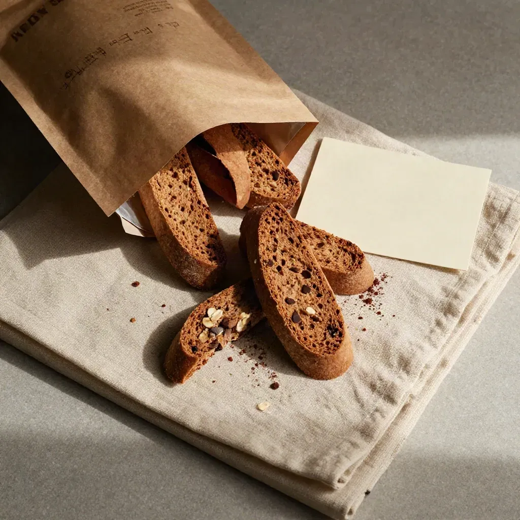 Biscotti al cacao sparsi da un sacchetto kraft su lino chiaro con briciole.