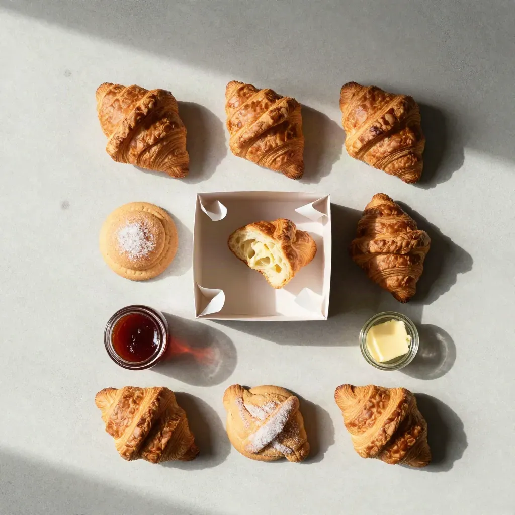 Box colazione famiglia con mini dolci, biscotti e vasetti di marmellata su cemento chiaro.