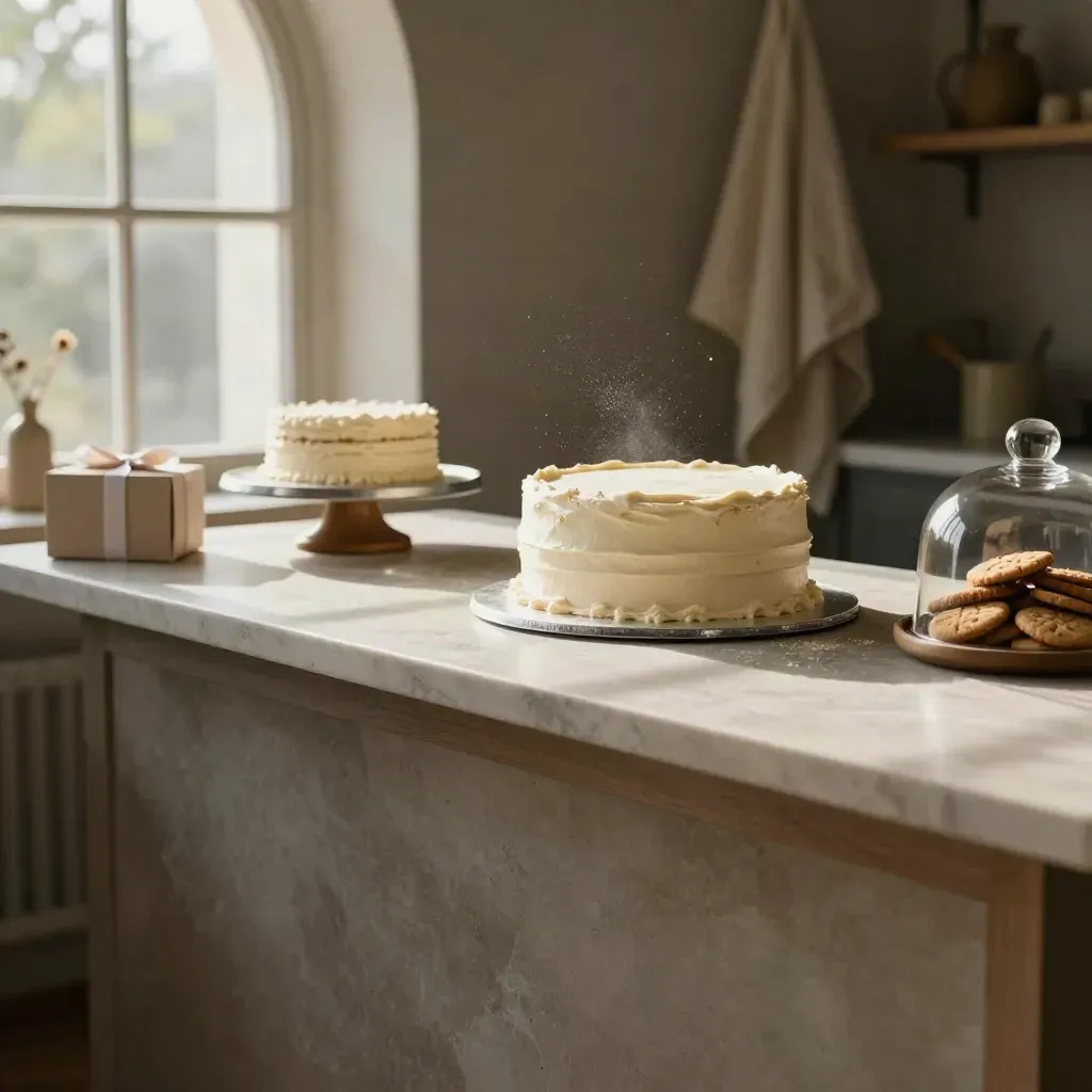 Atelier di pasticceria luminoso con torta su misura e superficie in marmo chiaro.